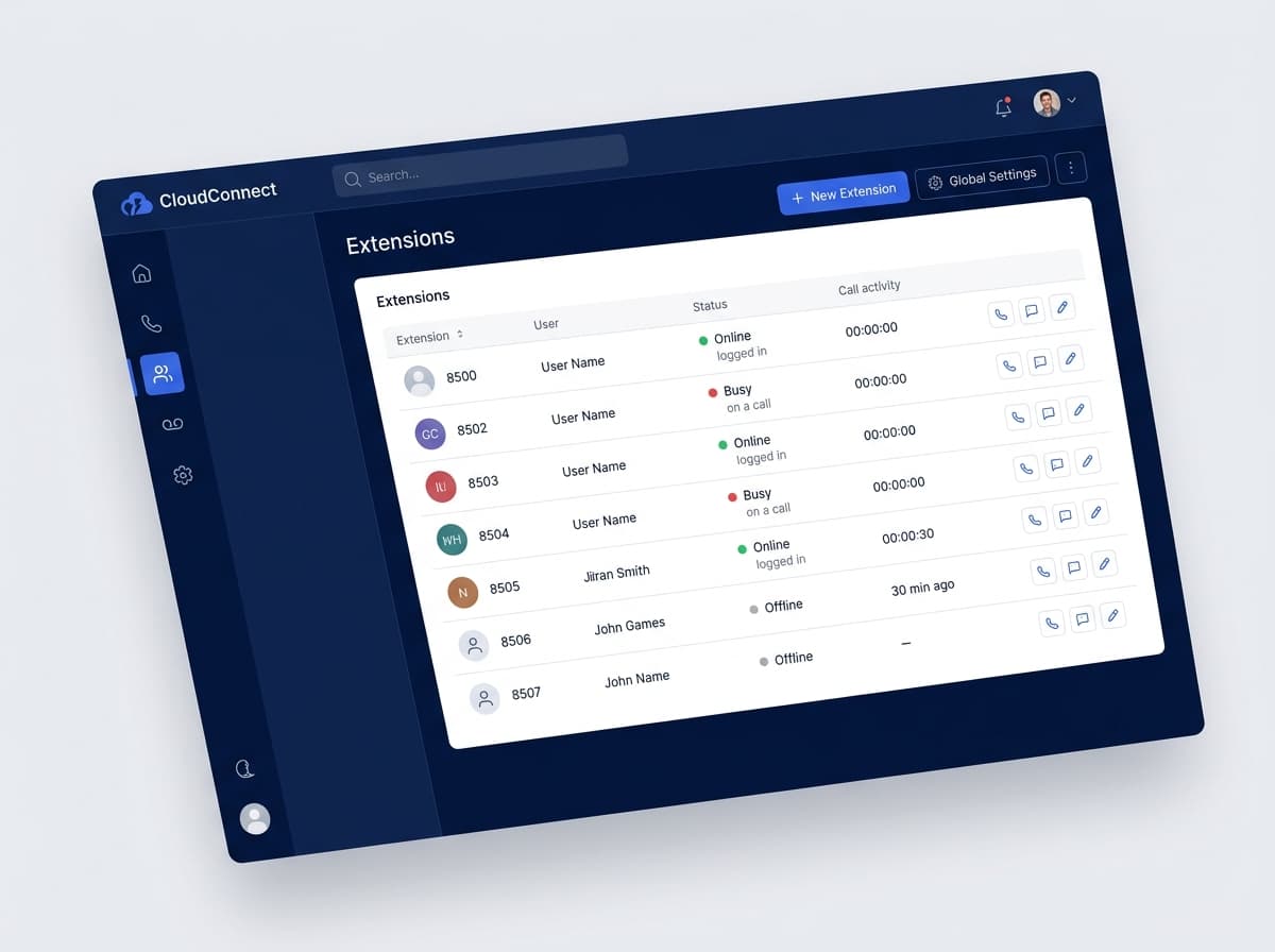 Cloud PBX dashboard showing extensions and user status