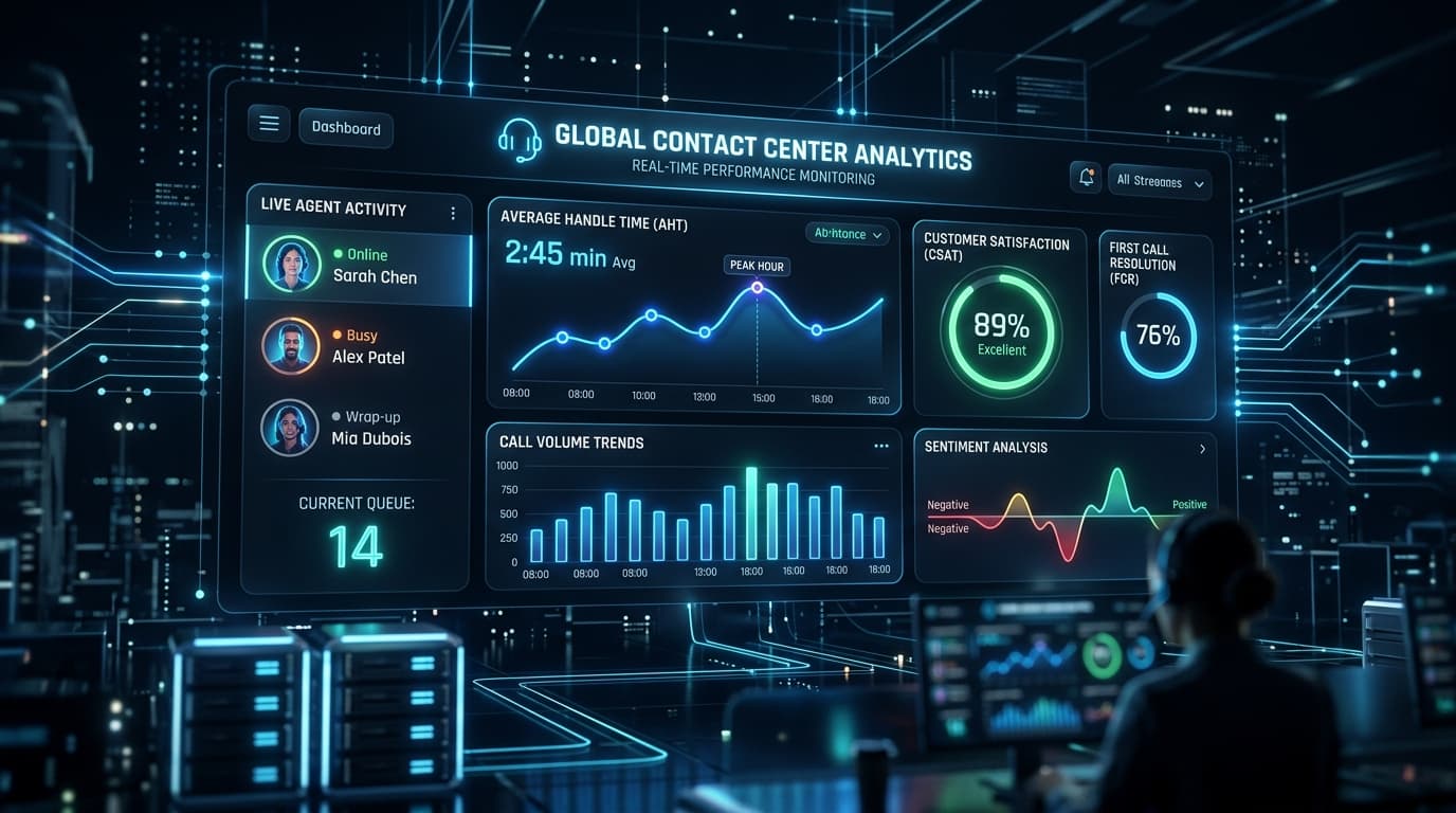 Global contact center performance analytics and live monitoring center